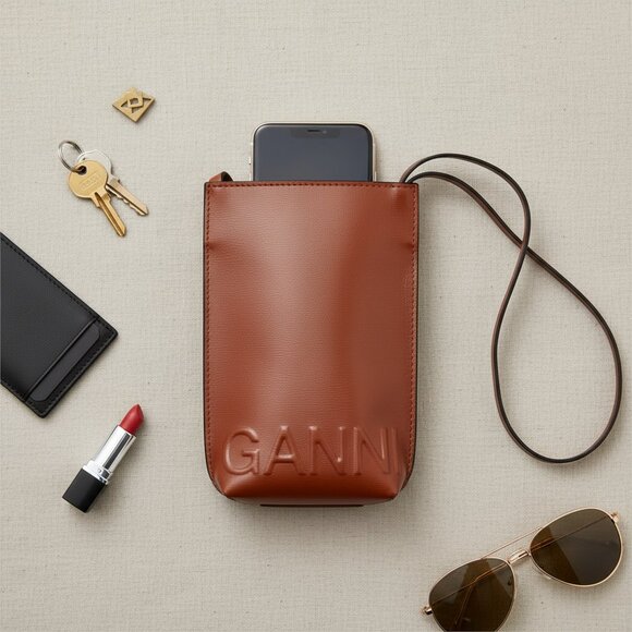 Ganni Deep Madder Brown Leather Shoulder Bag + Bag 20" Shoulder Strap Drop - Picture 1 of 10